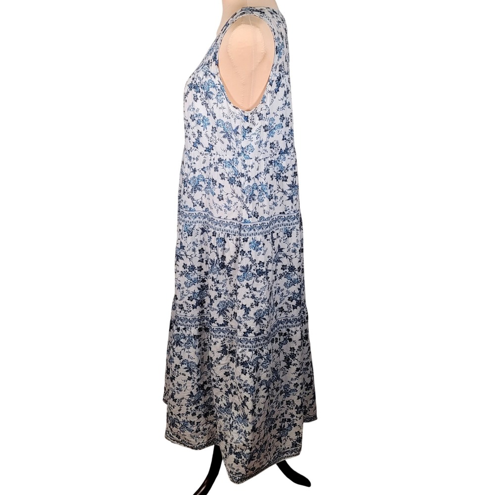 Max Studio Blue Floral Cotton Tiered Midi Dress Cottagecore Boho Coastal Prairie - Picture 5 of 7